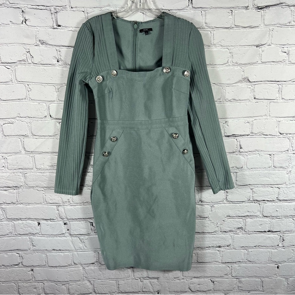 WOW Couture Green Dress Square Neck Long Sleeve Button accents Size L (B11)